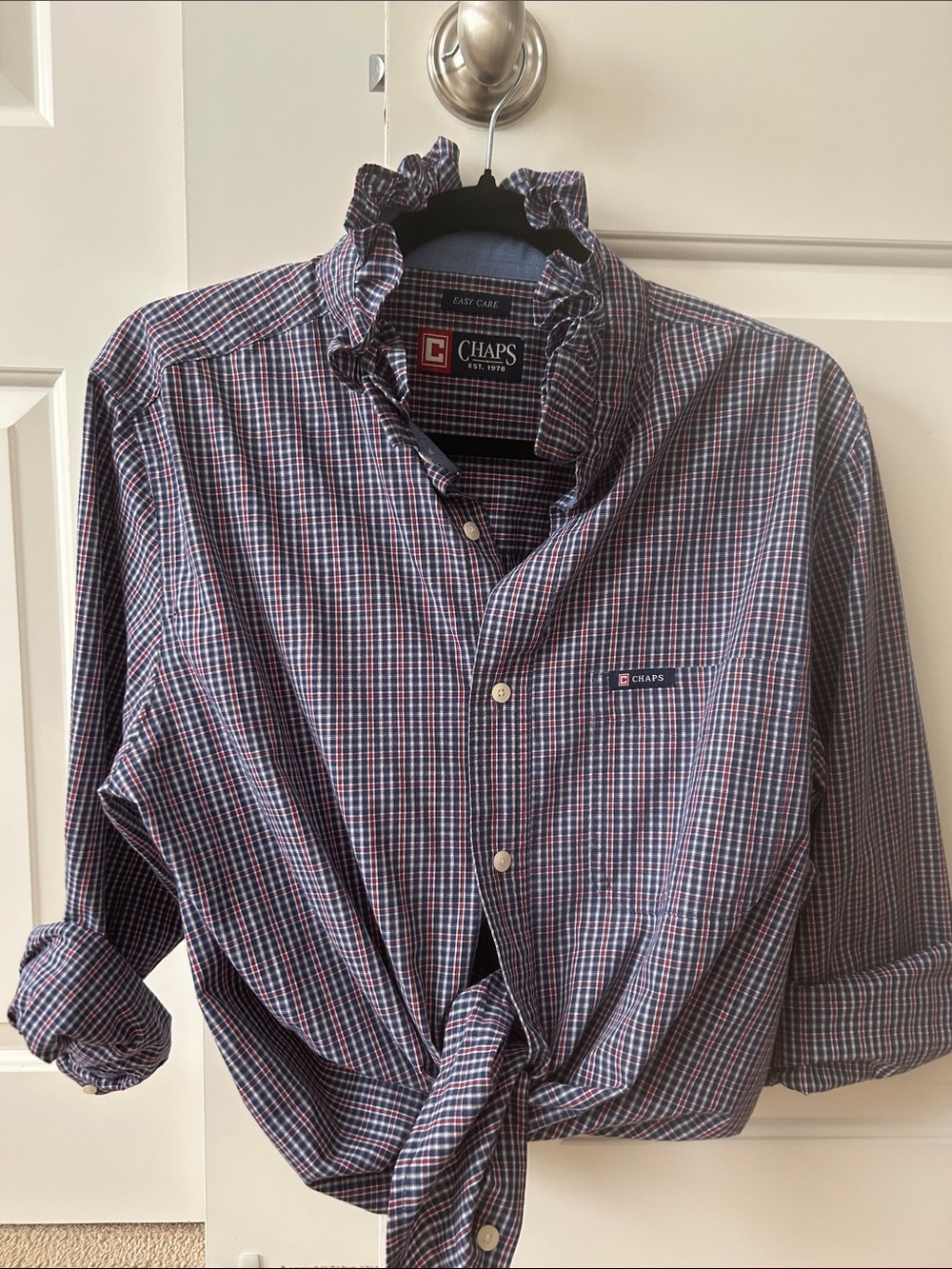 Chaps Navy and Red Plaid Button-Down recreated for a woman with ruffled collar.